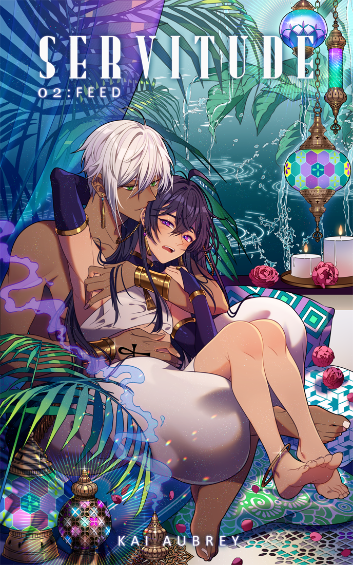 2boys ahoge anklet aqua_eyes arabian_clothes arm_around_neck armlet bare_shoulders barefoot biting black_hair black_sleeves candelabra candlestand chain commentary commission cover cover_page curtains dark-skinned_male dark_skin detached_sleeves ear_biting earrings english_commentary english_text feet fingernails flower frown hand_on_another's_arm hand_tattoo hen-tie jewelry lamp lantern legs long_hair long_sleeves looking_at_another loose_hair_strand male_focus multiple_boys novel_cover open_mouth original outdoors palm_tree pants petals pillow puffy_pants purple_eyes red_flower red_rose ripples rose short_hair sitting sitting_on_lap sitting_on_person sleeves_past_wrists smoke soles tassel tassel_earrings tattoo teeth tile_floor tiles toenails toes tree upper_teeth_only water_drop white_hair white_pants yaoi