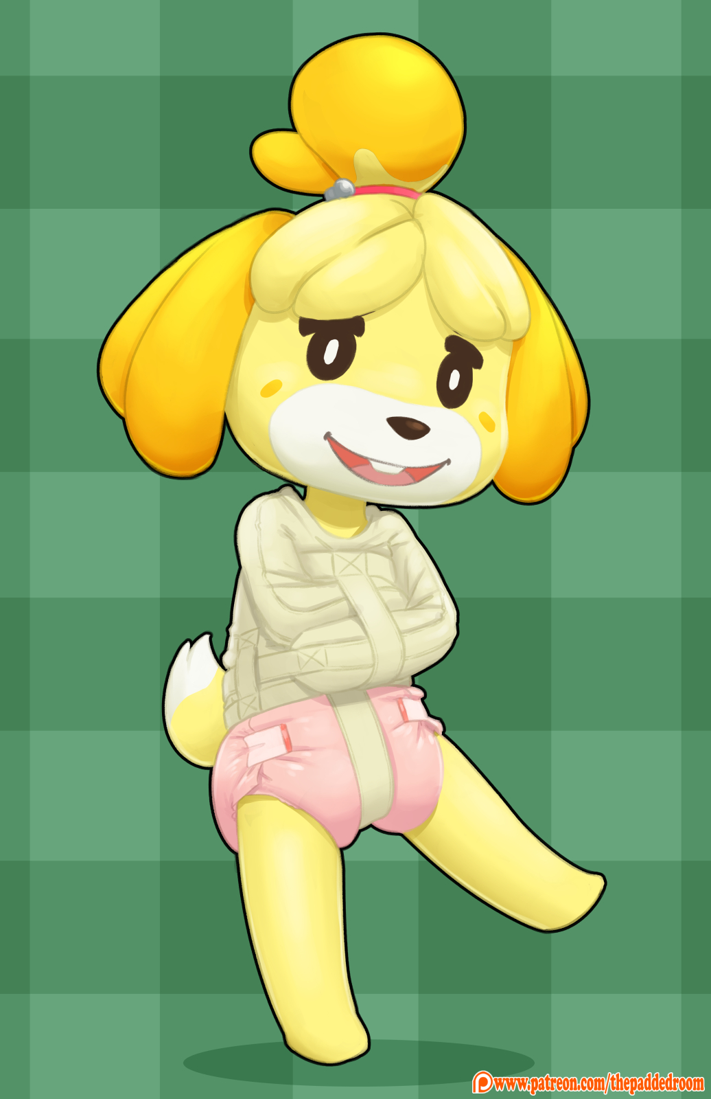 accessory animal_crossing anthro bdsm bondage bound buckteeth canid canine canis carotte666 clothed clothing diaper dipstick_tail domestic_dog female fur hair_accessory hi_res isabelle_(animal_crossing) looking_at_viewer mammal markings nintendo open_mouth pattern_background pink_diaper restraints shih_tzu simple_background solo straitjacket tail tail_markings tan_body tan_fur teeth toony toony_eyes toy_dog watermark yellow_ears