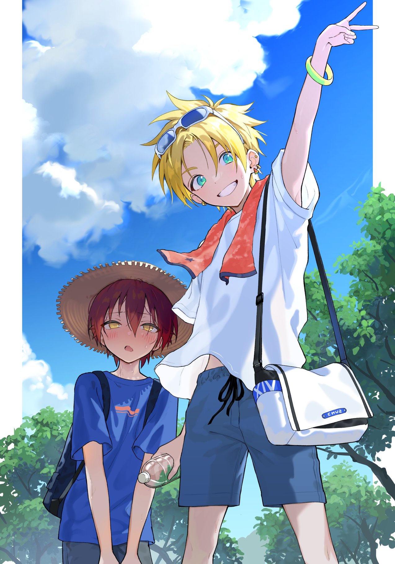 2boys arm_up backpack bag black_shorts blonde_hair blue_shirt blue_shorts blue_sky blush bottle cloud commentary day ear_piercing eyewear_on_head grin hat highres holding holding_bottle hot looking_at_viewer male_focus multiple_boys open_mouth original outdoors piercing pillow_(nutsfool) red_hair shirt short_sleeves shorts sky smile spiked_hair sunglasses sweat symbol-only_commentary towel towel_around_neck tree v water_bottle white_shirt yellow_eyes