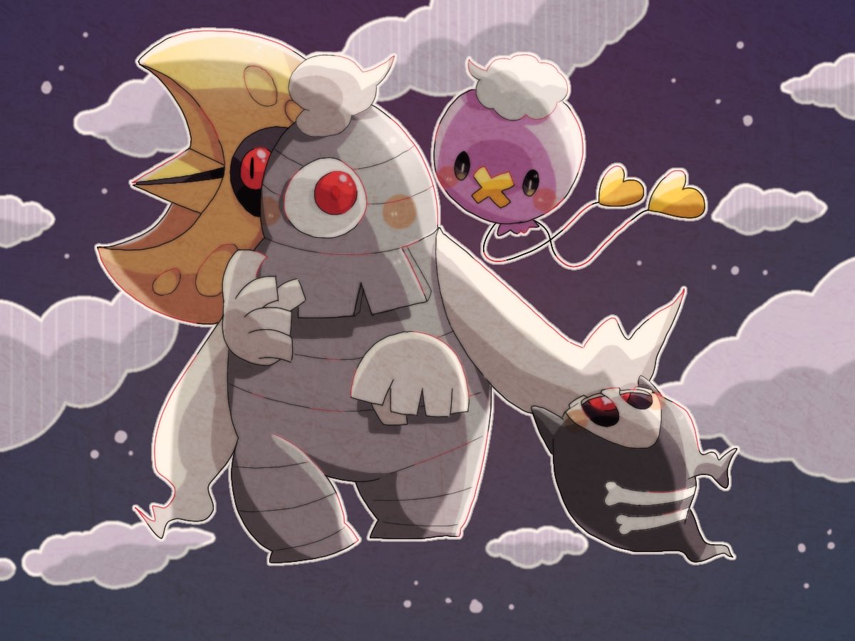 animal_focus bandages cloud cloudy_sky colored_skin commentary_request crescent_moon drifloon dusclops duskull ghost hanabusaoekaki lunatone moon night night_sky no_humans one-eyed pokemon pokemon_(creature) purple_skin red_eyes skull sky solid_oval_eyes