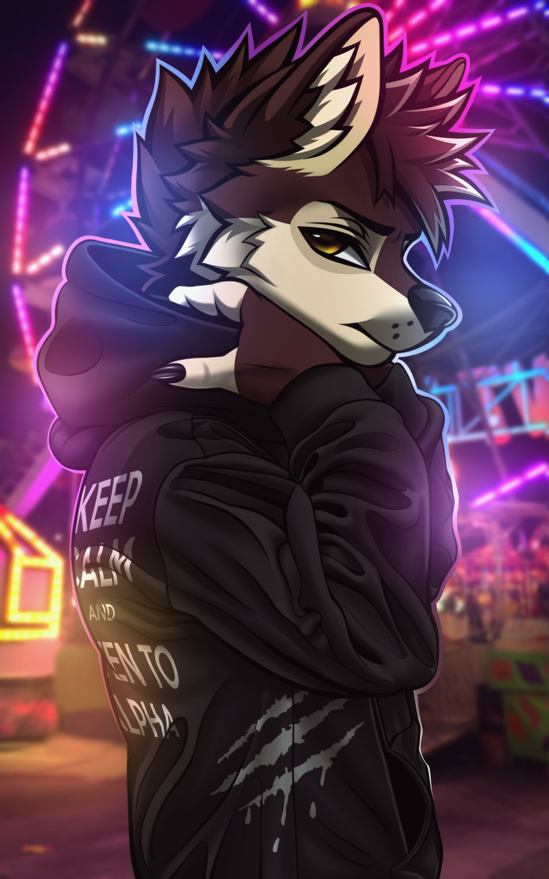 amusement_ride anthro black_clothing black_hoodie black_nose black_topwear blurred_background canid canine canis cheek_tuft clawed_fingers claws clothed clothing digital_media_(artwork) english_text facial_tuft ferris_wheel fur hair half-length_portrait hi_res hoodie inner_ear_fluff keep_calm_and_carry_on lights looking_at_viewer looking_back male mammal mouth_closed multicolored_body multicolored_fur neon_lights night outside portrait sky solo text topwear tuft two_tone_body two_tone_fur unknown_artist unsigned wolf yellow_eyes