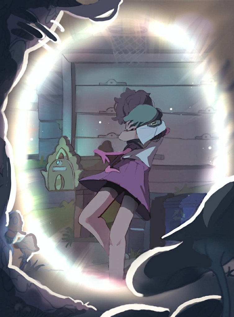 1boy 1girl amphibia anne_boonchuy basketball_hoop feet_out_of_frame grass hug leaf mushroom pleated_skirt portal_(object) purple_skirt shirt shirt_tucked_in short_sleeves skirt sprig_plantar white_shirt yum3yum1