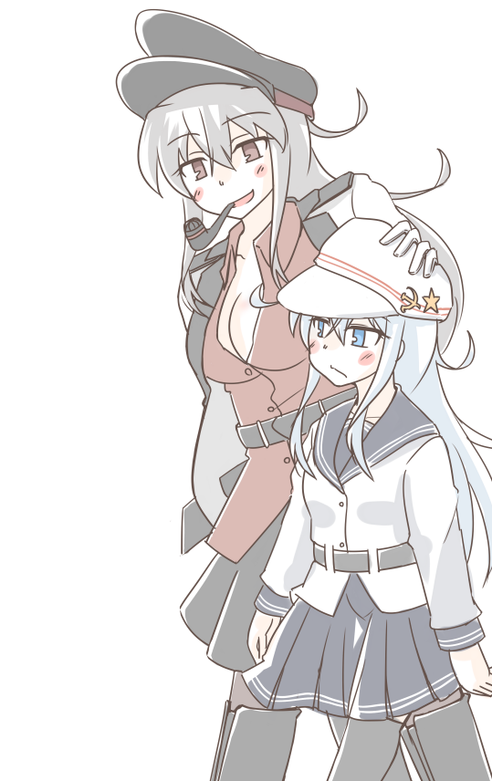 2girls black_headwear black_pantyhose black_sailor_collar black_skirt black_thighhighs blue_eyes breasts brown_eyes cleavage flat_cap gangut_(kancolle) gangut_dva_(kancolle) grey_hair hat hibiki_(kancolle) jacket kantai_collection konokiya long_hair medium_breasts military_jacket military_uniform mouth_hold multiple_girls open_clothes open_shirt pantyhose peaked_cap pipe_in_mouth pleated_skirt red_shirt sailor_collar school_uniform serafuku shirt simple_background skirt smoking_pipe thighhighs uniform verniy_(kancolle) white_background white_headwear white_shirt