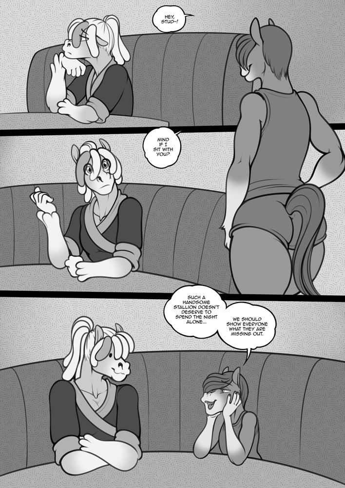 5_fingers anthro anthro_on_anthro biped butt clothed clothing comic english_text equid equine fingers flirting freckles_(artist) girly horse intraspecies male male/male mammal monochrome open_mouth open_smile smile speech_bubble tail text