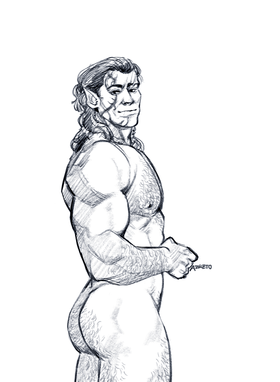 1boy arm_hair ass_hair azreto baldur's_gate baldur's_gate_3 bara braid chest_hair completely_nude dark-skinned_male dark_skin dungeons_and_dragons elf feet_out_of_frame from_side greyscale hairy halsin highres large_pectorals leg_hair looking_at_viewer looking_to_the_side male_focus mature_male medium_hair monochrome muscular muscular_male nipples nude pectorals pointy_ears solo standing tattoo thick_eyebrows thick_thighs thighs