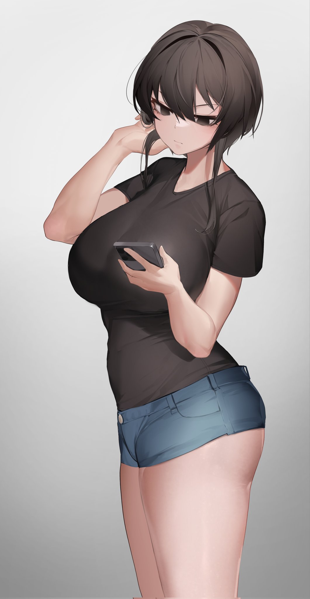 1girl adjusting_hair black_eyes black_hair black_shirt breasts cellphone closed_mouth cowboy_shot denim denim_shorts from_side hair_between_eyes highres holding holding_phone karinn_(ka941) large_breasts nine_(kanine41) original phone shirt shirt_tucked_in short_shorts short_sleeves shorts smartphone solo