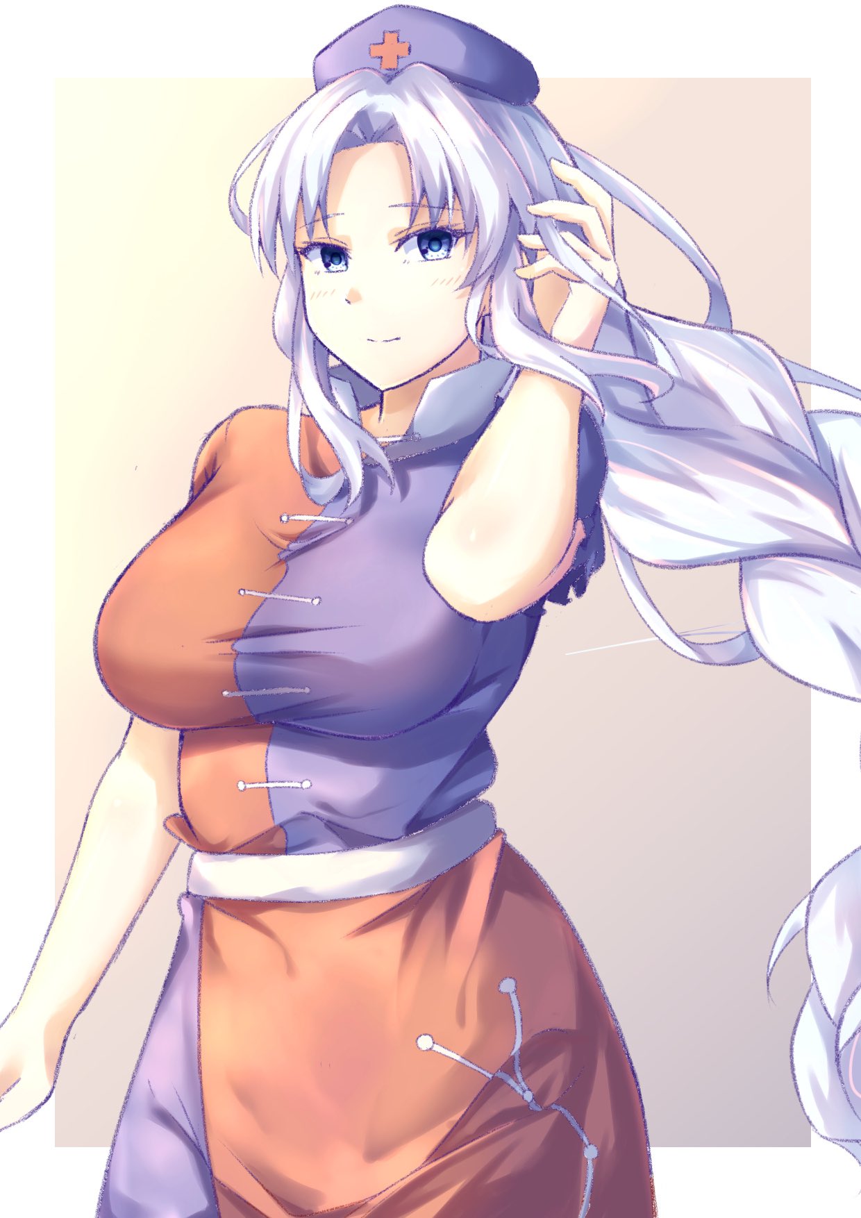 1girl blue_dress blue_headwear braid braided_ponytail closed_mouth commentary constellation_print dress gradient_background grey_eyes hand_in_own_hair hat highres long_hair looking_at_viewer mirufui nurse_cap red_dress short_sleeves smile solo touhou two-tone_dress very_long_hair white_hair yagokoro_eirin