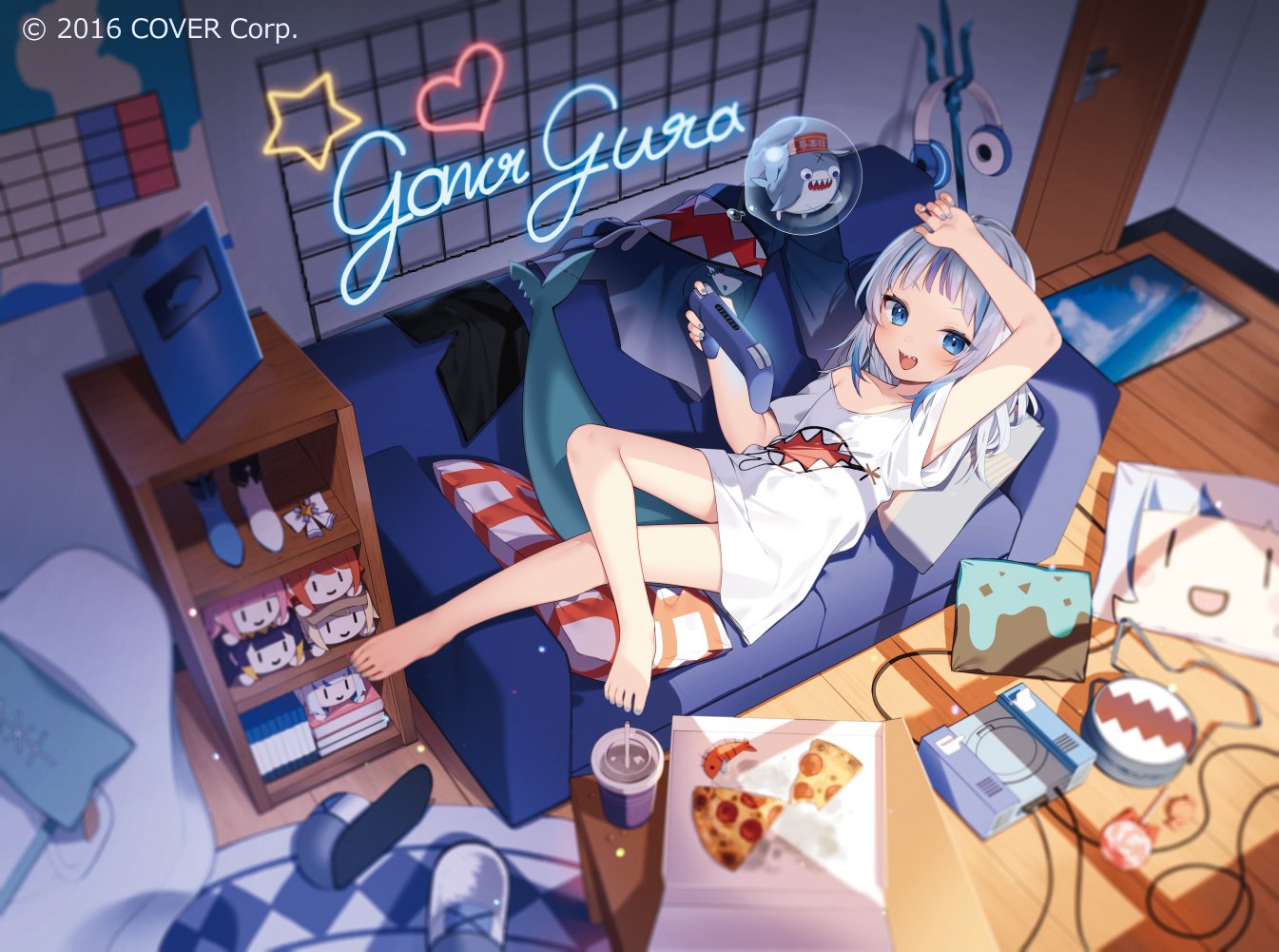 1girl alternate_costume arm_up bare_legs barefoot bloop_(gawr_gura) blue_eyes blue_hair blue_nails character_doll character_name character_print controller copyright couch feet food from_above full_body game_console game_controller gawr_gura grey_hair handheld_game_console headphones holding hololive hololive_english indoors legs long_hair looking_at_viewer lying mori_calliope nail_polish neon_lights ninomae_ina'nis off_shoulder official_art on_back oversized_clothes pillow pizza pizza_box pizza_slice polearm print_shirt shadow sharp_teeth shirt solo t-shirt takanashi_kiara teeth thighs toenail_polish toenails toes tousaki_shiina trident upper_teeth_only watson_amelia weapon wooden_floor