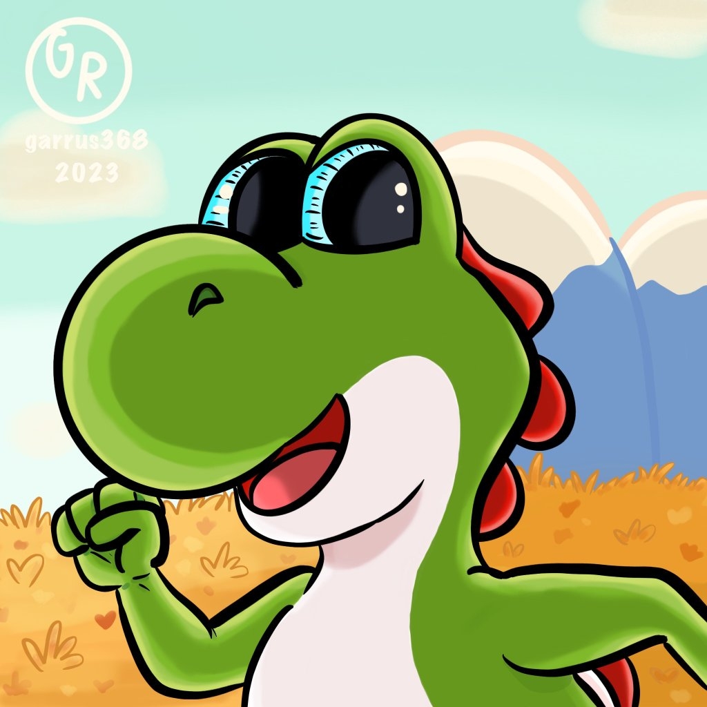 anthro blue_eyes cloud dinosaur garrus368 grass green_body happy male mario_bros mountain nintendo plant reptile scalie smile solo tongue yoshi yoshi_(character)