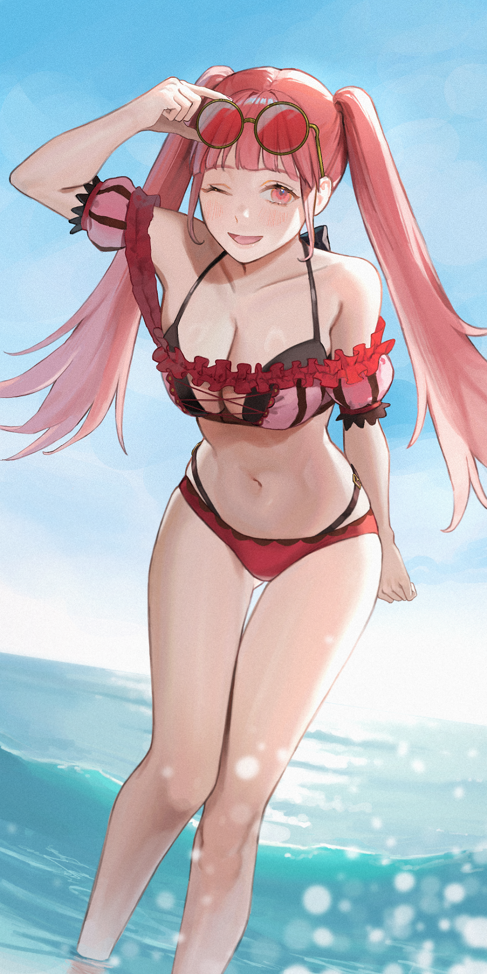 1girl ;d adjusting_eyewear arm_up ass_visible_through_thighs bare_shoulders bikini blue_sky blunt_bangs breasts cleavage collarbone e5nf8v eyewear_on_head feet_out_of_frame fire_emblem fire_emblem:_three_houses fire_emblem_heroes halterneck hand_on_eyewear highres hilda_valentine_goneril hilda_valentine_goneril_(summer) knees_together_feet_apart large_breasts leaning_forward legs long_hair looking_at_viewer multicolored_bikini multicolored_clothes navel ocean off-shoulder_bikini off_shoulder official_alternate_costume one_eye_closed outdoors partially_submerged pink_bikini pink_eyes pink_hair red_bikini sky smile solo striped striped_bikini sunglasses swimsuit thigh_gap twintails vertical-striped_bikini vertical_stripes