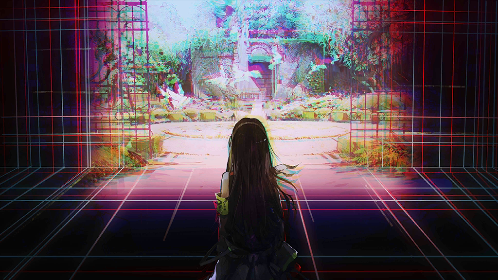 1girl bird black_hair chromatic_aberration clothes_around_waist cyberspace day flock from_behind game_cg garden gate girls'_frontline green_armband green_hair hairband infukun jacket jacket_around_waist long_hair m4a1_(girls'_frontline) multicolored_hair official_art patio patio_swing plant sleeveless solo spoilers streaked_hair very_long_hair vines