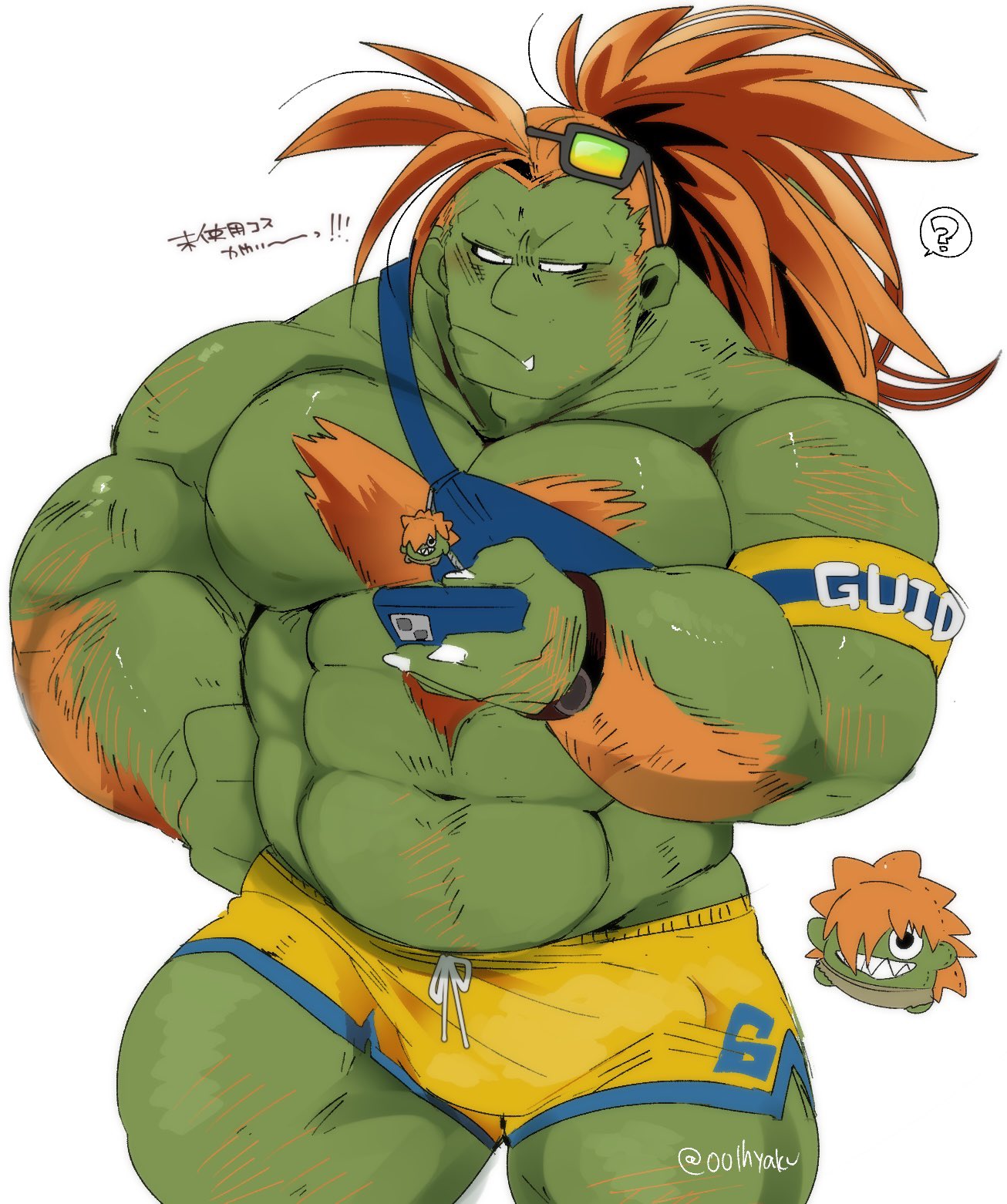 abs anthro blanka body_hair bottomwear capcom chest_hair claws clothing eyewear green_body hair hi_res hyaku_(artist) long_hair male monster muscular muscular_anthro muscular_male navel orange_hair pecs ponytail shorts solo street_fighter sunglasses tusks