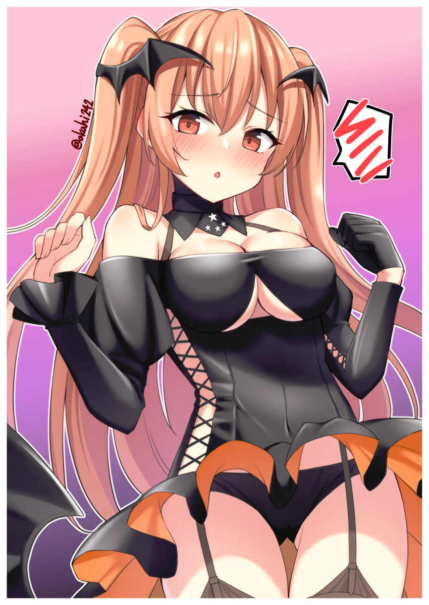 1girl akahi242 black_dress black_gloves blush breasts brown_eyes cleavage cowboy_shot dress garter_straps gloves hair_ornament halloween_costume highres johnston_(kancolle) kantai_collection large_breasts light_brown_hair long_hair looking_at_viewer off_shoulder solo two_side_up