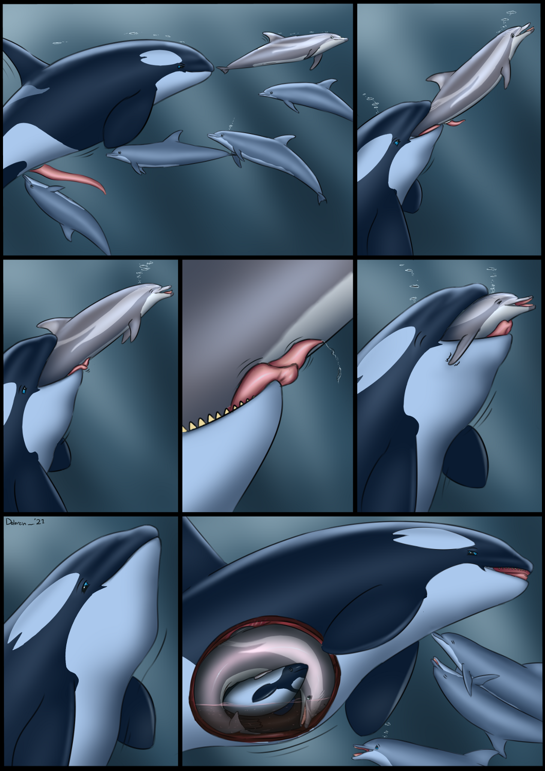 ambiguous_gender animal_genitalia animal_penis bodily_fluids bottlenose_dolphin cetacean cetacean_genitalia cetacean_penis comic commerson's_dolphin dolorcin dolphin erection feral feral_pred feral_prey genital_fluids genitals group hi_res inside_stomach internal larger_pred licking male male/male mammal marine multiple_prey neck_bulge oceanic_dolphin oral oral_vore orca penile penis penis_lick precum sex smaller_prey soft_vore stuffing swallowing tapering_penis tongue tongue_out toothed_whale underwater vore water
