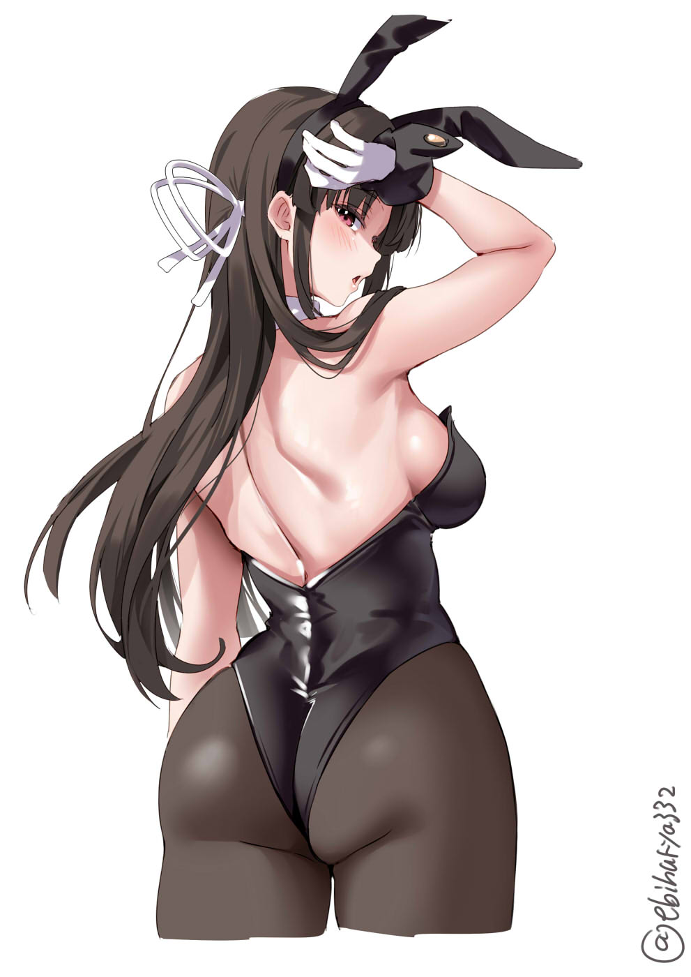 1girl animal_ears arm_up ass bare_shoulders black_hair black_leotard black_pantyhose blush breasts cropped_legs detached_collar ebifurya fake_animal_ears from_behind gloves hair_ribbon highleg highleg_leotard highres hiyou_(kancolle) kantai_collection leotard long_hair looking_at_viewer looking_back medium_breasts one-hour_drawing_challenge pantyhose parted_bangs playboy_bunny profile purple_eyes rabbit_ears ribbon shoulder_blades sidelocks simple_background solo strapless strapless_leotard twitter_username white_background white_gloves white_ribbon