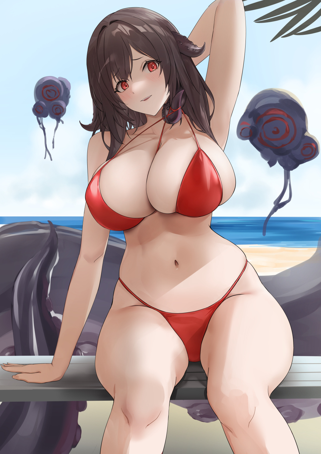 1girl arm_up azur_lane beach bench bikini blazingchaos blue_sky breasts brown_hair cleavage collarbone day highres horns large_breasts long_hair looking_at_viewer navel ocean outdoors parted_lips red_bikini red_eyes royal_fortune_(azur_lane) royal_fortune_(eyes_on_the_prize)_(azur_lane) sitting sky smile solo swimsuit thighs