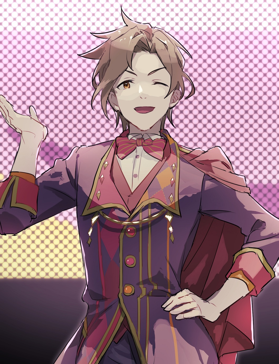 1boy bow bowtie brown_eyes cape diamond_(shape) dress_shirt hand_on_hip highres idolmaster idolmaster_side-m kamiya_yukihiro lapels light_brown_hair male_focus one_eye_closed open_mouth red_cape shirt sleeves_rolled_up smile solo tarou_(2taro8) waistcoat