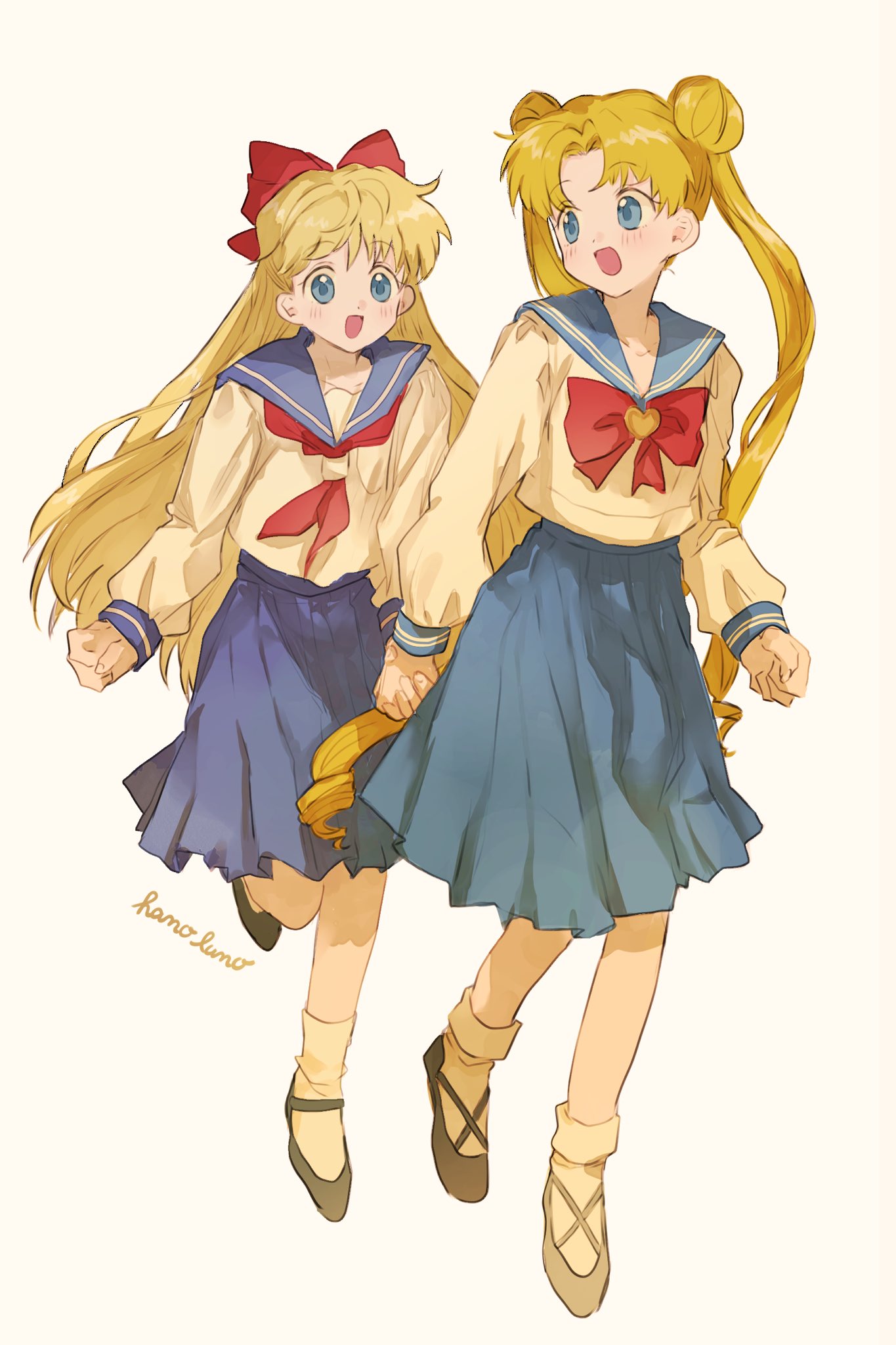 2girls aino_minako bishoujo_senshi_sailor_moon black_footwear blonde_hair blue_eyes blue_skirt bow commentary double_bun full_body hair_bow hair_bun hano_luno highres long_hair long_sleeves multiple_girls open_mouth pleated_skirt ribbon school_uniform serafuku shirt shoes skirt smile socks symbol-only_commentary tsukino_usagi twintails white_shirt white_socks