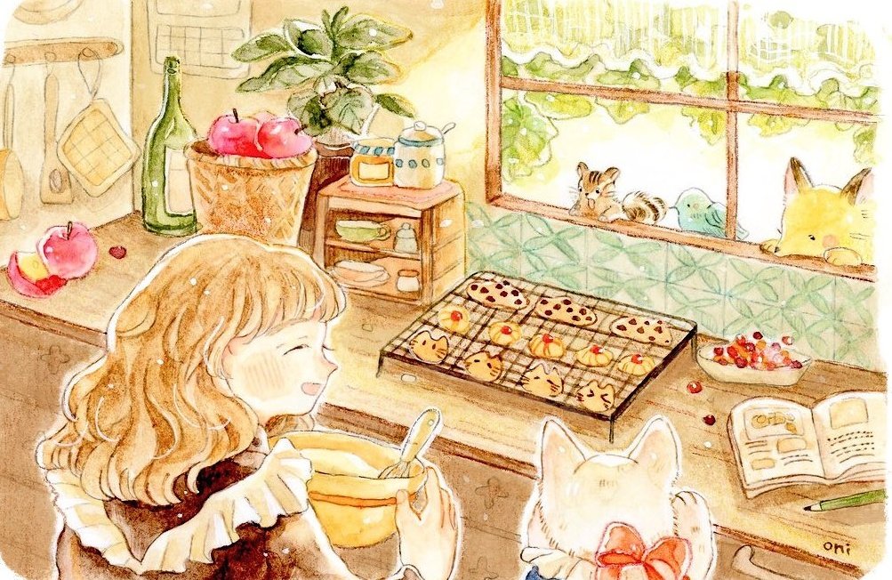 1girl animal apple bird book brown_hair cat closed_eyes cookie food fruit holding indoors long_hair oniheya_53 open_book open_mouth original painting_(medium) plant potted_plant squirrel traditional_media watercolor_(medium) white_cat window