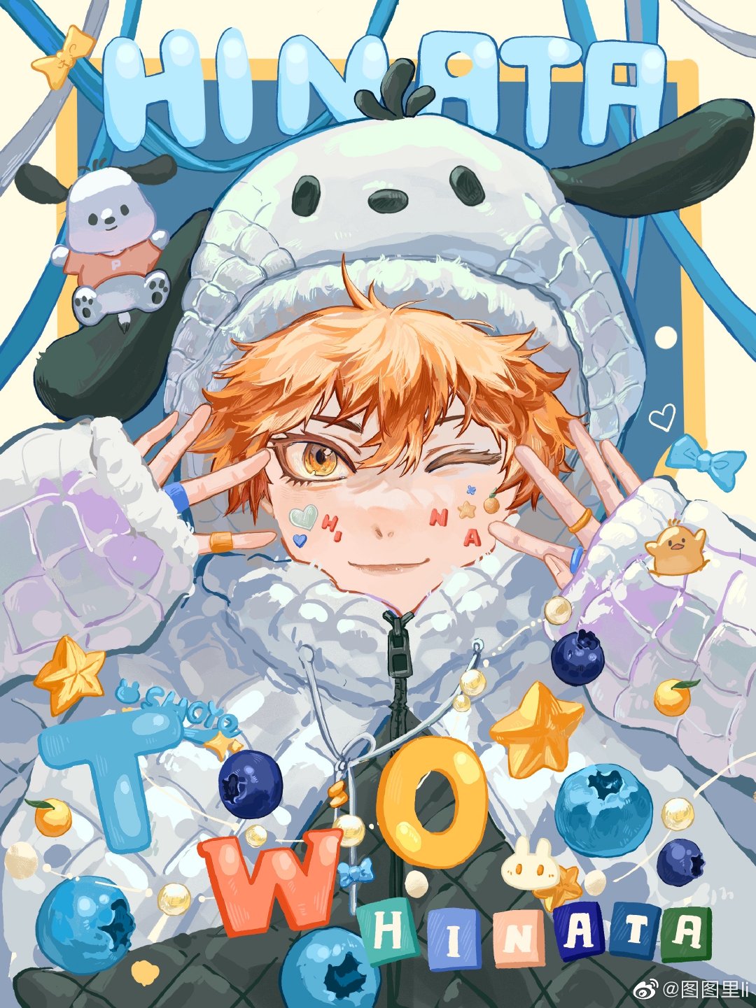 1boy animal_ear_hood animal_ears animal_print argyle argyle_coat black_coat black_eyes blue_background blue_bow blue_ribbon blueberry border bow character_name chinese_commentary closed_mouth coat colored_eyelashes commentary_request cosplay crossover dog_ears facial_tattoo fingernails floppy_ears food fruit haikyuu!! heart highres hinata_shouyou hood hood_up hooded_coat jewelry long_eyelashes long_sleeves looking_at_viewer male_focus multicolored_coat multiple_rings one_eye_closed orange_eyes orange_hair pochacco pochacco_(cosplay) rabbit_print red_shirt ribbon ring sanrio shirt short_sleeves smile solid_circle_eyes solo_focus star_(symbol) t-shirt tattoo toy_block tuuuuuututu two-tone_coat upper_body weibo_logo weibo_username white_coat yellow_border yellow_bow zipper zipper_pull_tab
