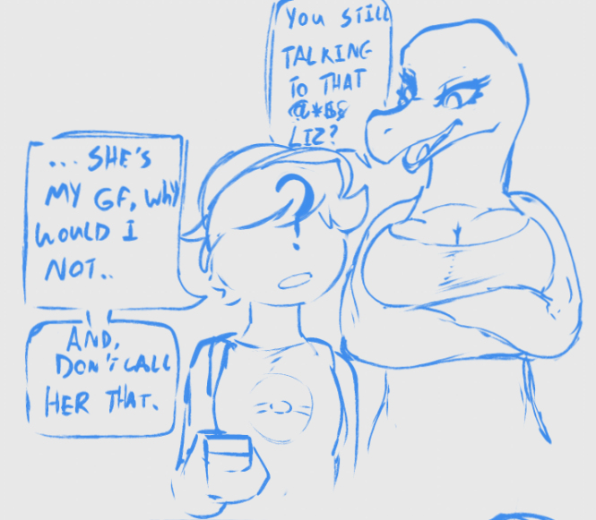 anon anthro arm_under_breasts bra breasts censored_text cleavage clothed clothing dialogue duo eyelashes female generation_7_pokemon human jadenarts larger_female male mammal monochrome nintendo pokemon pokemon_(species) pokemon_trainer profanity question_mark salazzle size_difference underwear