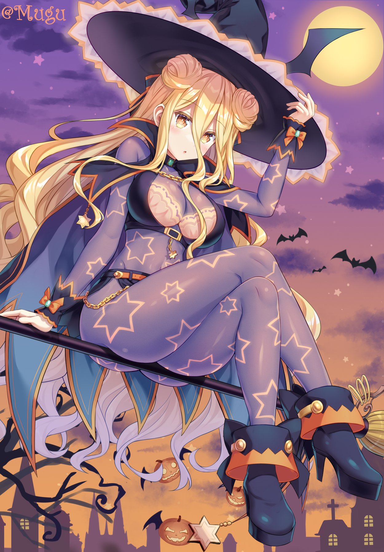 1girl :o alternate_costume ass bat_(animal) bat_wings black_cape black_footwear black_ribbon blonde_hair boots breasts broom broom_riding cape chain cleavage date_a_live dress flying gem gold_chain green_gemstone halloween halloween_costume hat highres hoshimiya_mukuro jack-o'-lantern large_breasts legs looking_at_viewer moon natsumi_(date_a_live) night night_sky pumpkin purple_dress raised_eyebrows ribbon see-through sky star_(symbol) suit tsubasaki twitter_username wings witch witch_hat yellow_eyes