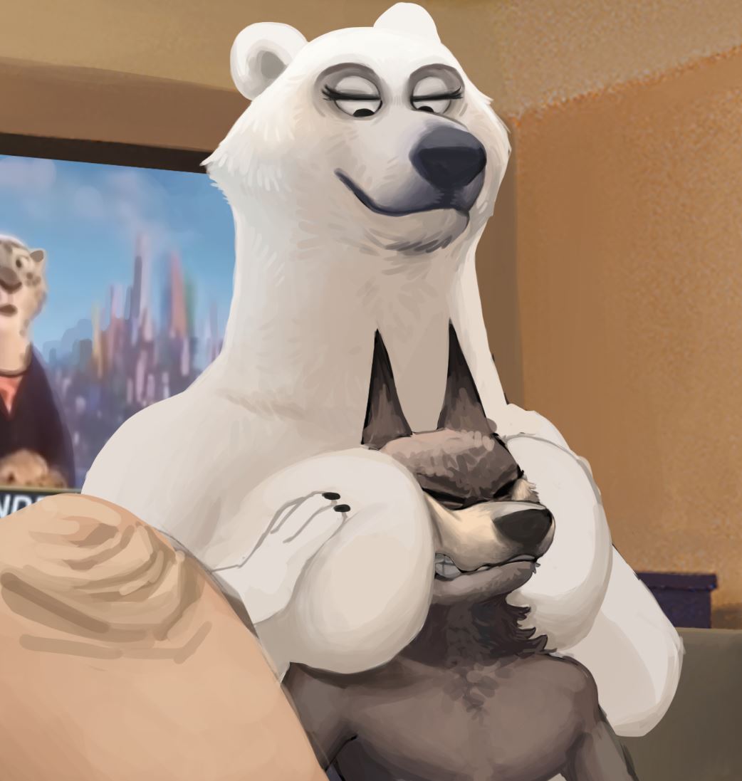 2023 anthro bear breast_play breast_squish breasts canid canine canis clenched_teeth disney duo eyes_closed featureless_breasts female fur grey_body grey_fur half-closed_eyes looking_down major_friedkin male male/female mammal narrowed_eyes officer_wolfard polar_bear squish teeth television ursine white_body white_fur wolf wolfinasuit zootopia