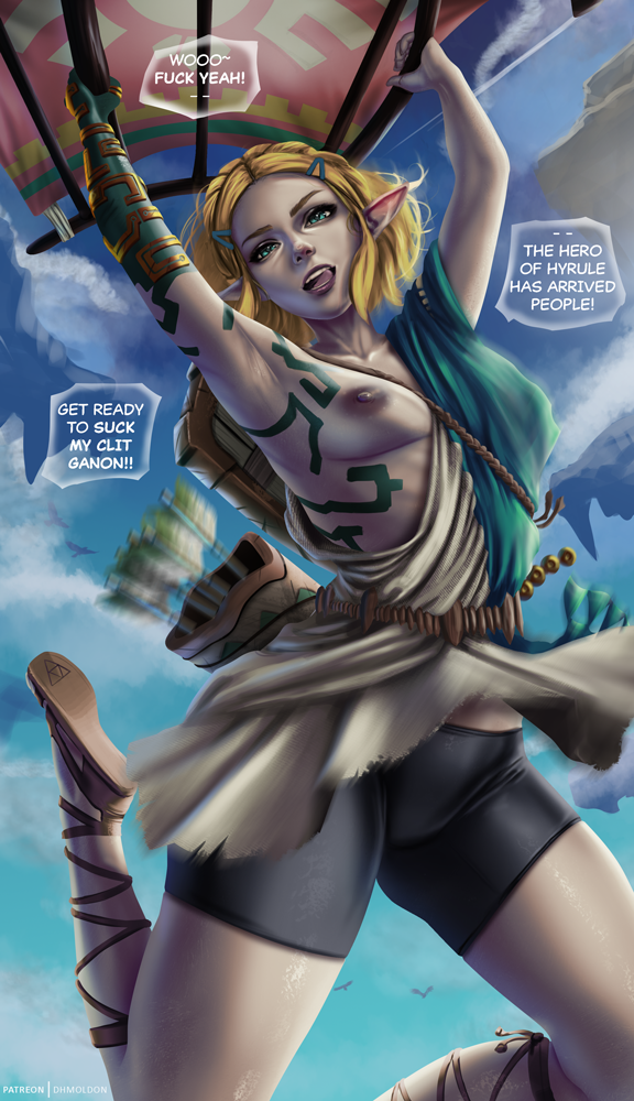 2023 areola arrow_(weapon) belt blonde_hair bottomwear breasts clothing dhmoldon dialogue eyebrows eyelashes female footwear green_eyes hair humanoid humanoid_pointy_ears hylian medium_breasts nintendo nipples not_furry open_mouth princess_zelda quiver ranged_weapon sandals short_hair shorts sky solo the_legend_of_zelda weapon