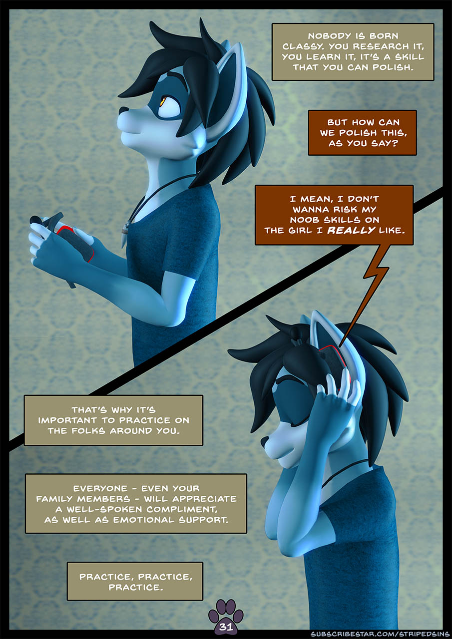 3d_(artwork) anthro black_hair blue_body blue_fur bomber_jacket bottomwear brother_(lore) brother_and_sister_(lore) chair clothed clothing comfort comforting comic comic_panel crop_top denim denim_clothing dialogue digital_media_(artwork) digitigrade english_text felix_(striped_sins) fur furniture hair headphones hi_res jacket jeans jewelry living_room male mammal necklace orange_eyes pants podcast procyonid purple_eyes raccoon shark_tooth_necklace shirt sibling_(lore) sister_(lore) striped_sins t-shirt text topwear url willitfit