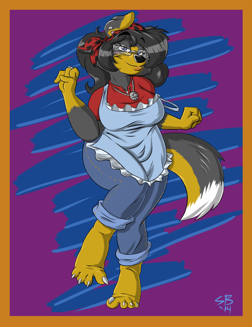 anthro apron bandanna barefoot border_collie canid canine canis clothing collie domestic_dog eliza_edington eyewear feet female glasses herding_dog kerchief mammal mature_female pastoral_dog sean_blackthorne sheepdog solo