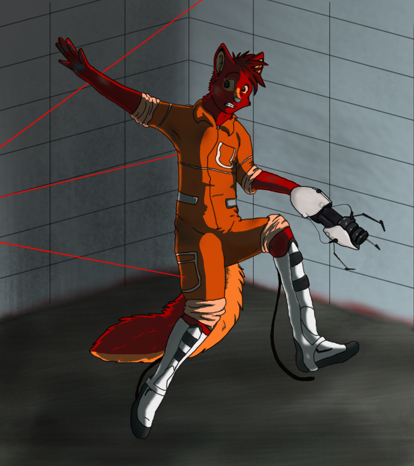 2011 aj_(ajbob) anthro bluekyokitty boots brown_eyes canid canine canis cel_shading clenched_teeth clothed clothing cosplay detailed_background digital_drawing_(artwork) digital_media_(artwork) eyebrows footwear fox full-length_portrait fur grey_nose grey_pawpads head_tuft humanoid_hands hybrid inside laser_beam long_fall_boots male mammal orange_body orange_fur orange_jumpsuit pawpads portal_(series) portal_gun portrait red_body red_fur scared sebdoggo shaded solo tail teeth tile tuft valve wall_(structure) white_boots white_clothing white_footwear wolf yellow_sclera