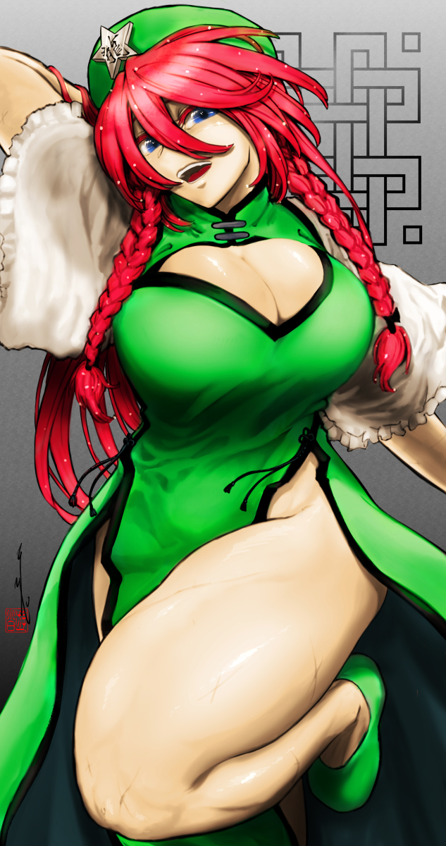 1girl beret blue_eyes braid breasts china_dress chinese_clothes cleavage_cutout clothing_cutout dress green_dress green_footwear green_headwear hat highres hong_meiling koyubi_(littlefinger1988) large_breasts leg_up looking_at_viewer red_hair smile standing standing_on_one_leg star_(symbol) thighs touhou twin_braids