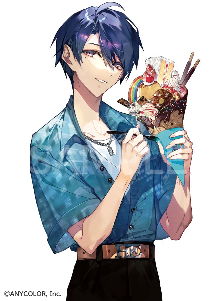 1boy belt belt_buckle black_pants blue_hair blue_jacket brown_belt buckle cake cake_slice chain_necklace cherry chocolate copyright cowboy_shot dark_blue_hair food fruit hair_between_eyes harusaki_air holding holding_food holding_ice_cream holding_spoon ice_cream ice_cream_cone jacket jewelry looking_at_viewer mole mole_under_eye mura_karuki necklace nijisanji official_art pants parted_lips partially_unbuttoned pocky pudding purple_eyes sample_watermark shirt short_hair short_sleeves simple_background smile solo spoon sprinkles strawberry strawberry_shortcake virtual_youtuber whipped_cream white_background white_shirt