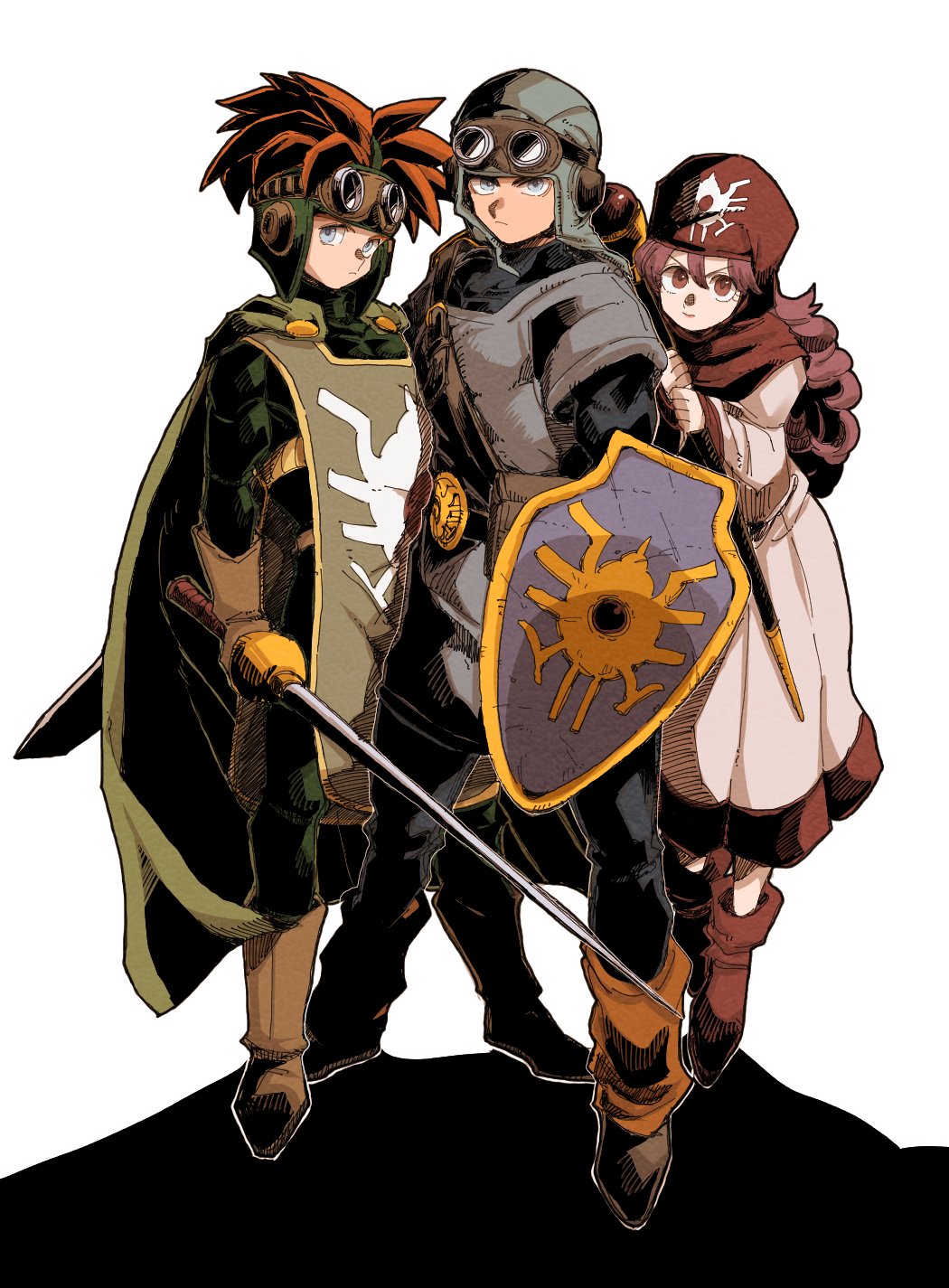 1girl 2boys blue_eyes blue_headwear blue_tunic boots brown_footwear brown_gloves cape closed_mouth commentary_request cousins dragon_quest dragon_quest_ii full_body gloves goggles goggles_on_headwear green_cape hair_between_eyes highres holding holding_shield holding_staff holding_sword holding_weapon hood long_hair looking_at_viewer multiple_boys orange_hair piyoko_saito prince prince_of_lorasia prince_of_samantoria princess princess_of_moonbrook purple_eyes purple_hair red_headwear robe serious shield shirt simple_background spiked_hair staff standing sword turtleneck weapon white_robe