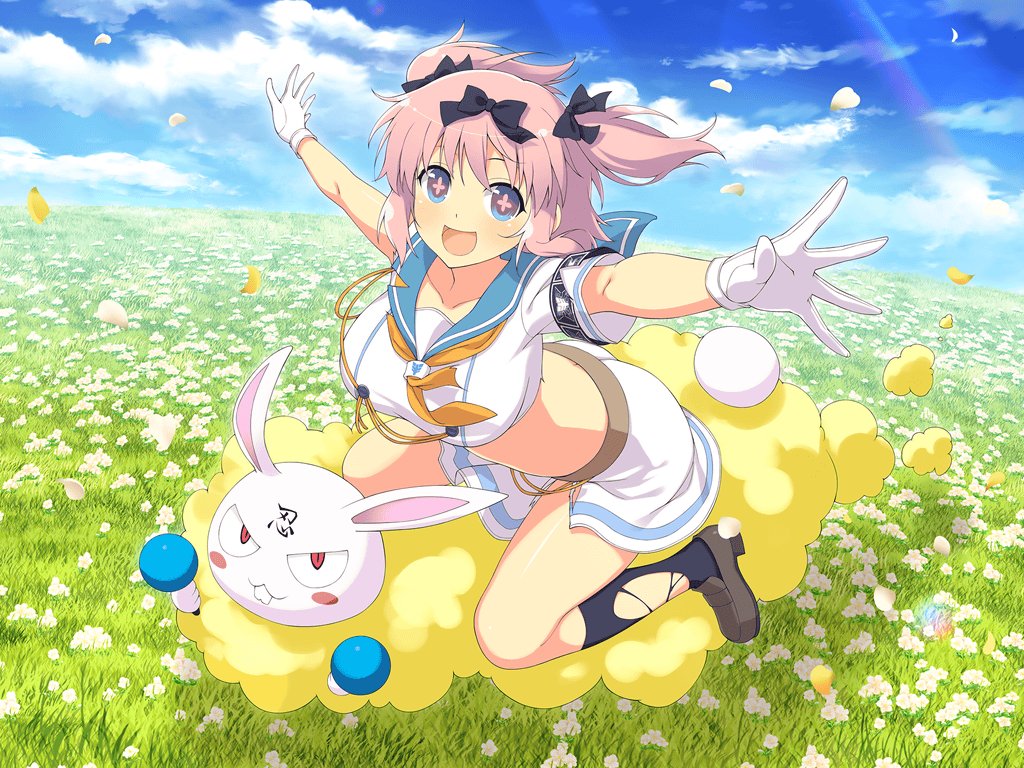 +_+ 1girl :d animal animal_ears ascot black_armband black_bow black_socks blue_eyes blue_sailor_collar blue_sky blush blush_stickers bow breasts butt_crack buttons cloud collarbone control_stick day double-breasted falling_petals field flower flower-shaped_pupils flower_field flying_nimbus gloves grass hair_bow hair_ornament hair_ribbon hanzou_academy_uniform hibari_(senran_kagura) jumping large_breasts loafers looking_at_viewer midriff ninto_(senran_kagura) official_alternate_costume official_art open_mouth orange_ascot outdoors outstretched_arms petals pink_eyes pink_hair plant rabbit rabbit_ears rabbit_tail red_eyes ribbon riding sailor_collar school_uniform senran_kagura senran_kagura_new_link senran_kagura_shoujo-tachi_no_shin'ei serafuku shiny_skin shirt shoes short_hair short_sleeves short_twintails sidelocks skirt sky smile socks solo spread_arms symbol-shaped_pupils tail teeth tongue torn_clothes torn_shirt torn_skirt torn_socks translation_request twintails white_flower white_gloves white_serafuku yaegashi_nan yellow_clouds