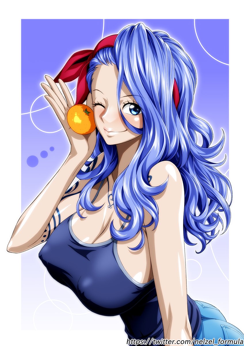 1girl arm_tattoo bare_shoulders blue_eyes blue_hair blue_pants blue_tank_top breasts chest_tattoo cleavage closed_mouth commentary_request denim food fruit gradient_background hair_over_shoulder hair_ribbon hairband hand_up highres holding holding_food holding_fruit jeans large_breasts light_blush lips long_hair looking_at_viewer mandarin_orange nel-zel_formula nojiko one_eye_closed one_piece open_hand pants pink_lips puffy_nipples red_hairband red_ribbon ribbon smile solo spaghetti_strap tank_top tattoo twitter_username upper_body