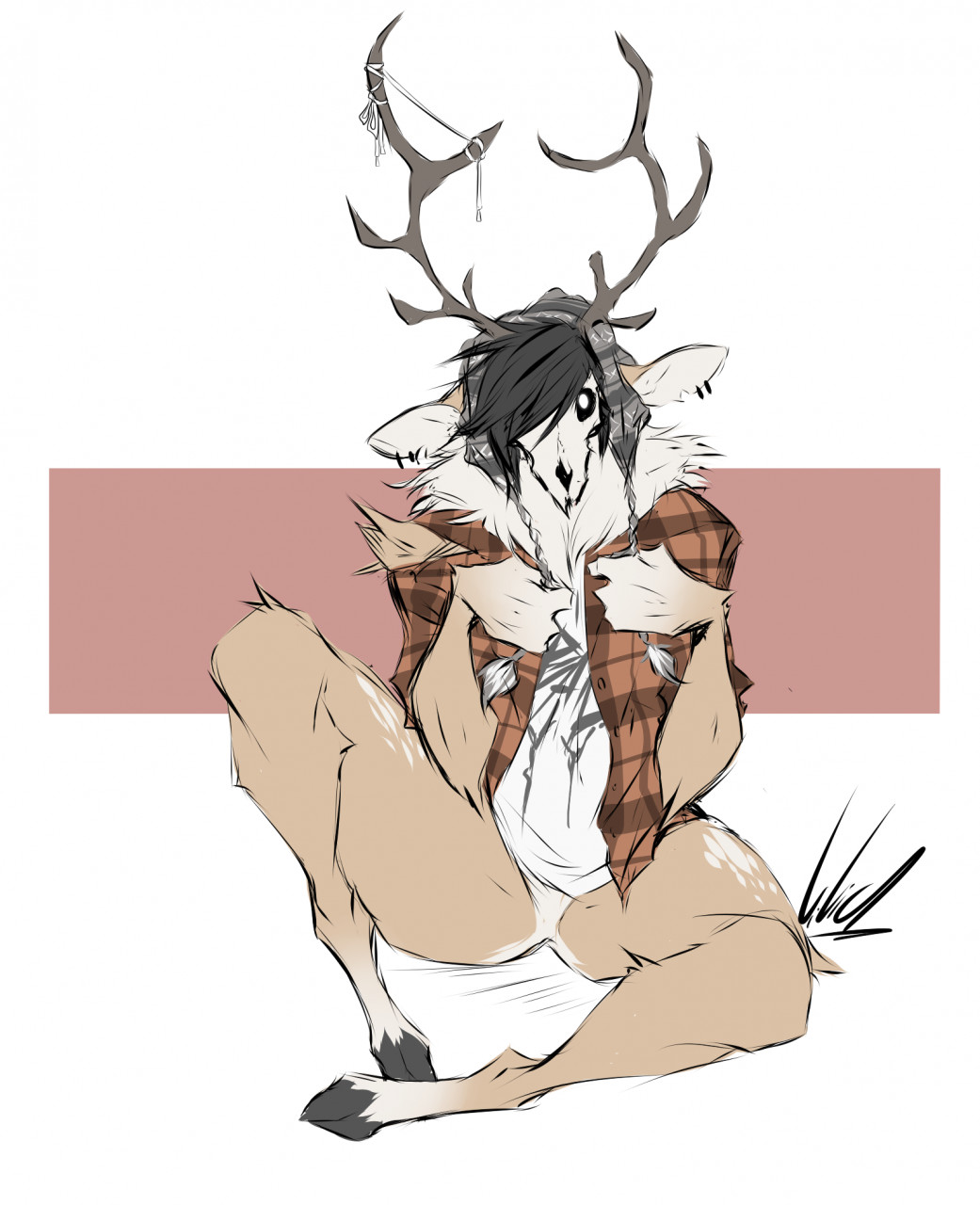 american_mythology anthro antlers black_hair black_sclera bone bottomless bottomless_anthro bottomless_male brown_body brown_fur clothed clothing dullvivid ear_piercing ear_ring featureless_crotch flannel_shirt fur gwendigo_(dullvivid) hair hi_res hooves horn indigenous_north_american_mythology male markings multicolored_body multicolored_fur mythology neck_tuft north_american_mythology piercing ring_piercing shirt skull skull_head solo spots spotted_body spotted_fur spotted_markings t-shirt tan_body tan_fur tan_spots topwear tuft two_tone_body two_tone_fur wendigo wide_eyed winter_hat