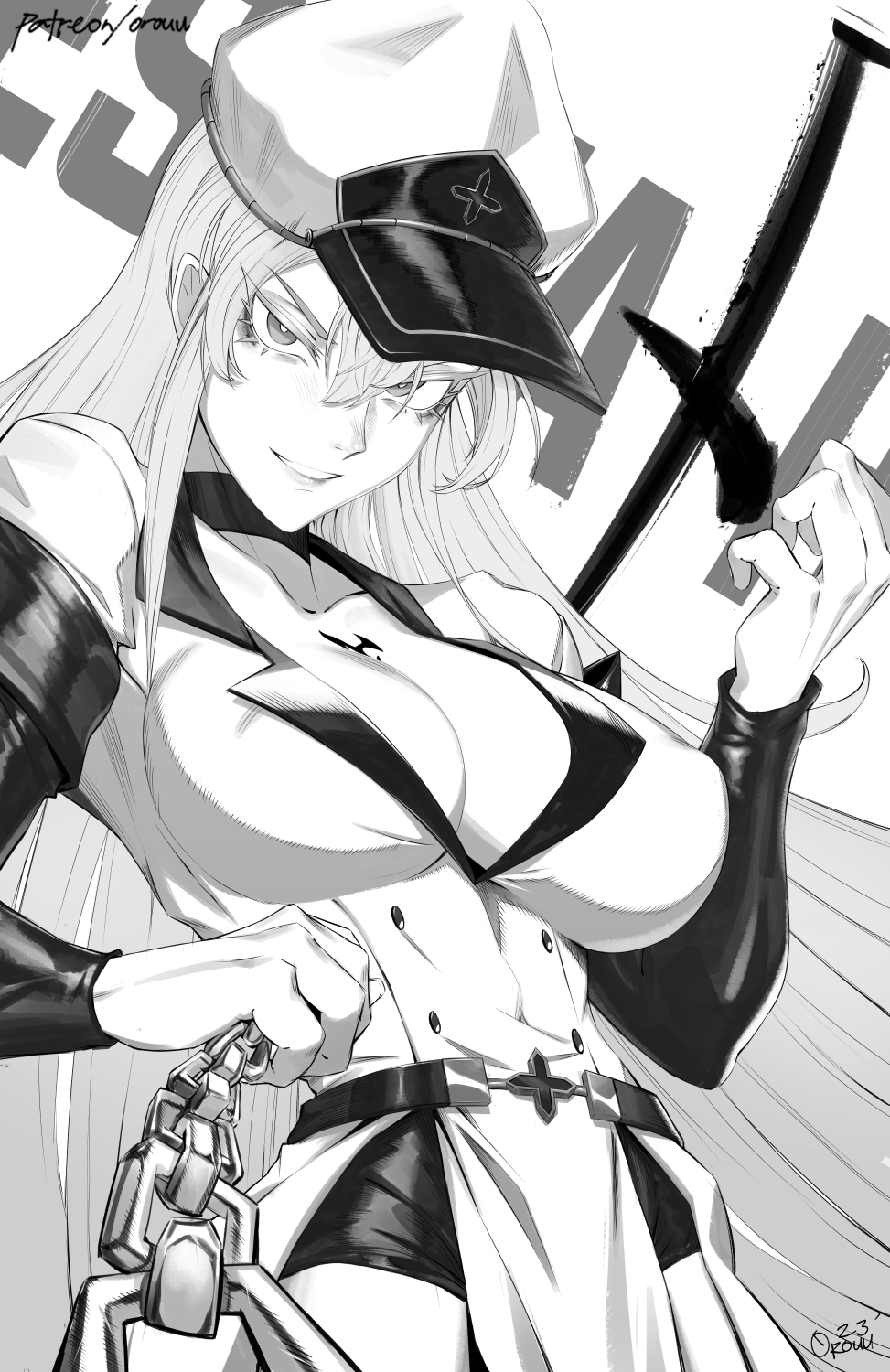 1girl akame_ga_kill! breast_tattoo breasts buttons chain character_name cleavage double-breasted esdeath from_below grin hat highres holding holding_chain jacket large_breasts long_sleeves looking_at_viewer orouu smile solo tattoo teeth two-tone_headwear