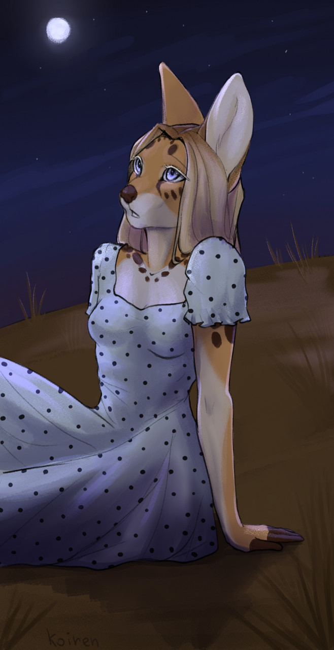 2022 anthro blonde_hair blue_eyes breasts brown_nose clothing dress eyebrows eyelashes felid feline female fika_(fikanori) fur grass hair hi_res koiren long_ears long_hair looking_up mammal moon night outside plant serval sitting sky solo spots spotted_body spotted_fur star watermark white_body white_fur yellow_body yellow_fur