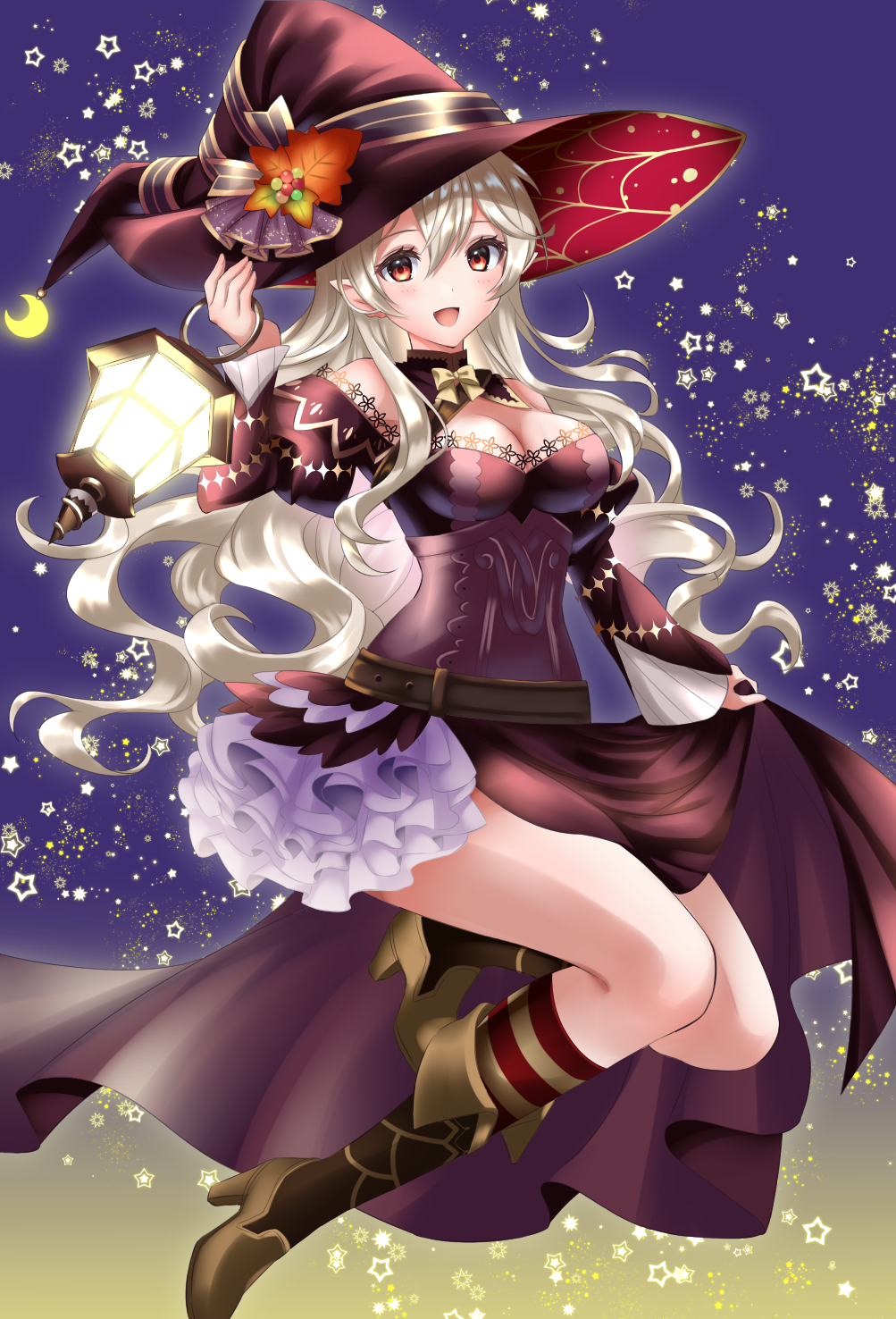 1girl alternate_costume black_dress boots breasts cleavage clothes_lift corrin_(female)_(fire_emblem) corrin_(fire_emblem) dress dress_lift fire_emblem fire_emblem_fates grey_hair halloween halloween_costume hat hat_ribbon high_heel_boots high_heels highres jack-o'-lantern kakiko210 lantern looking_at_viewer medium_breasts open_mouth pointy_ears red_eyes ribbon smile solo star_(sky) witch witch_hat