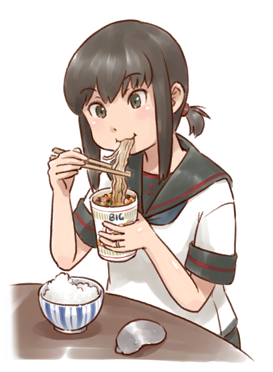 1girl black_hair black_sailor_collar black_skirt bowl cup_ramen eating food fubuki_(kancolle) fubuki_kai_ni_(kancolle) green_eyes highres holding holding_food kantai_collection karasu_(naoshow357) low_ponytail rice sailor_collar school_uniform serafuku short_hair short_ponytail sidelocks simple_background skirt solo upper_body white_background