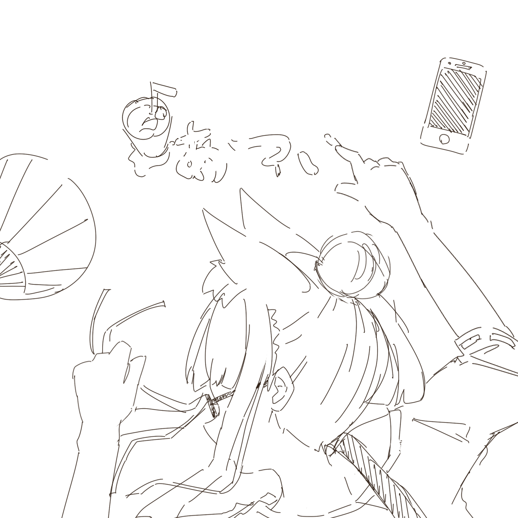 1girl animal_ear_fluff animal_ears arms_up bendy_straw cellphone cup drinking_glass drinking_straw dying_message fox_ears glasses greyscale hair_bun hand_fan kuro_kosyou lying monochrome on_stomach original paper_fan phone ribbon-trimmed_sleeves ribbon_trim shirt short_sleeves simple_background sketch solo uchiwa upper_body white_background