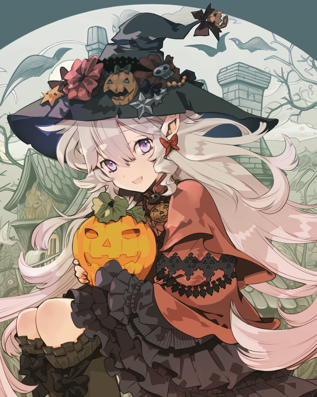 1girl black_dress black_headwear blue_eyes boots building butterfly_earrings capelet dress earrings elf frilled_sleeves frills grey_footwear grey_hair hat hat_ornament highres holding jack-o'-lantern jack-o'-lantern_ornament jewelry layered_dress long_hair long_sleeves looking_at_viewer medium_dress original outdoors pointy_ears red_capelet sitting sleeveless sleeveless_dress solo standing star_(symbol) star_hat_ornament thigh_boots wind witch witch_hat yyuunn