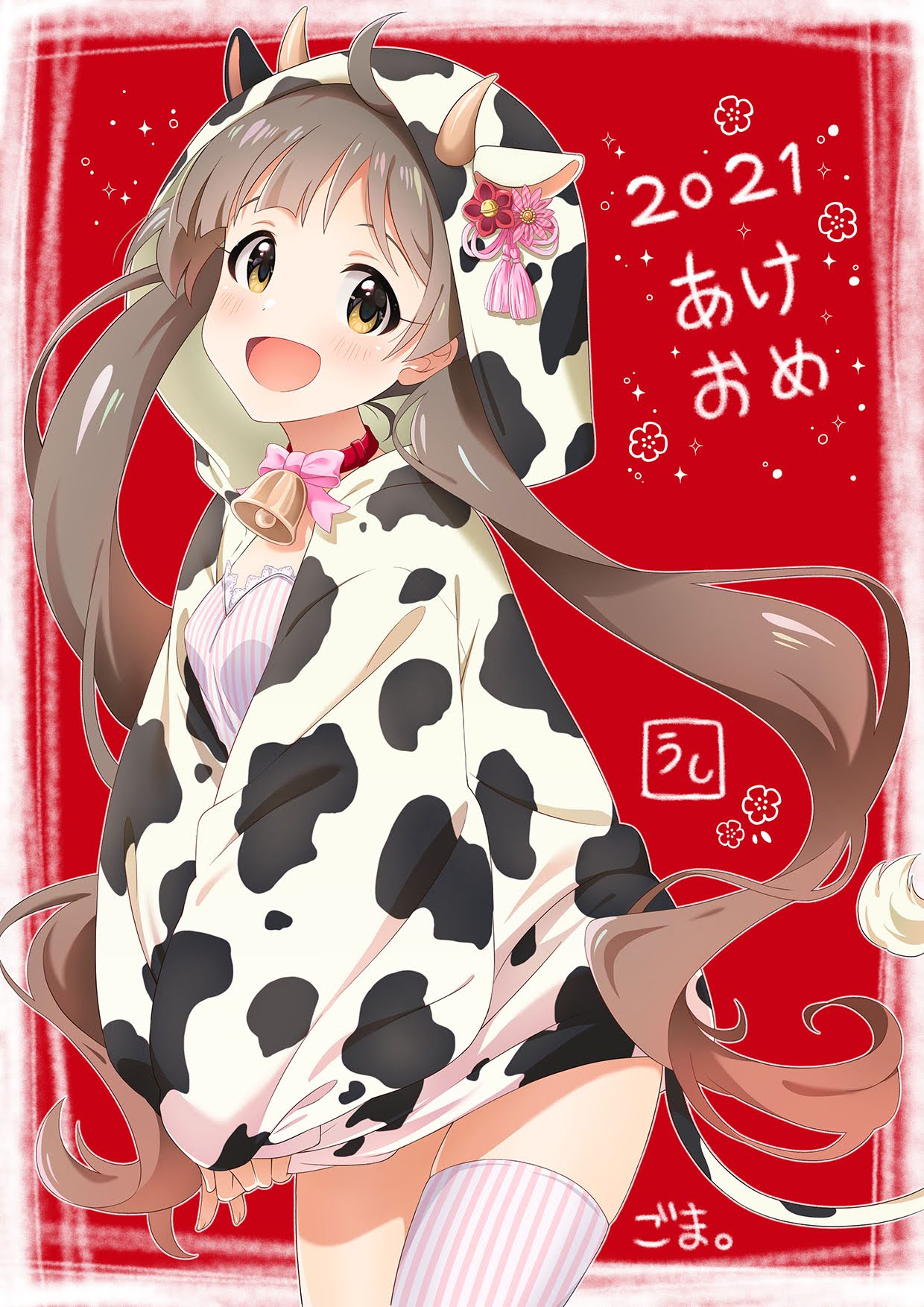 1girl 2021 animal_ears animal_print asymmetrical_legwear bell blush breasts brown_eyes brown_hair chinese_zodiac choker cow_ears cow_horns cow_print cow_tail cowbell cowboy_shot dot_nose dress fake_animal_ears fake_horns fake_tail flower frilled_dress frills from_side goma_konbu hair_flower hair_ornament hakozaki_serika happy_new_year highres hood hood_up hoodie hoodie_pull horns idolmaster idolmaster_million_live! idolmaster_million_live!_theater_days long_hair long_sleeves looking_at_viewer mismatched_legwear neck_ribbon open_mouth pink_dress pink_ribbon pink_thighhighs plum_blossoms print_hoodie red_background red_choker red_flower ribbon signature single_thighhigh small_breasts smile solo sparkle standing striped striped_dress striped_thighhighs tail thighhighs twintails very_long_hair