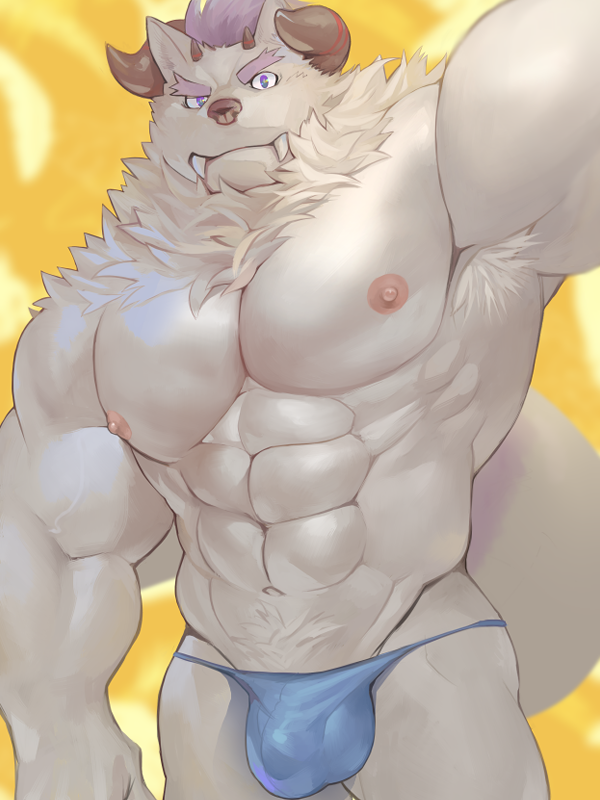 abs anthro behemoth_(housamo) bulge clothing eyebrows fur hair horn lifewonders male monster muscular muscular_anthro muscular_male nipples pecs purple_hair salz_sop solo speedo swimwear thick_eyebrows tokyo_afterschool_summoners white_body white_fur