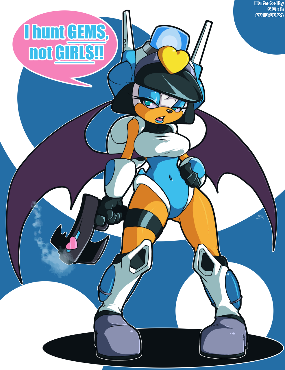 2013 anthro bat blue_eyes boots breasts clothing cosplay crossover crossover_cosplay dialogue english_text eyeshadow female footwear gun handgun hi_res lipstick makeup mammal mighty_switch_force! narrowed_eyes open_mouth patricia_wagon ranged_weapon rouge_the_bat s-dash sega signature simple_background solo sonic_the_hedgehog_(series) speech_bubble tan_body tan_skin text wayforward weapon wings