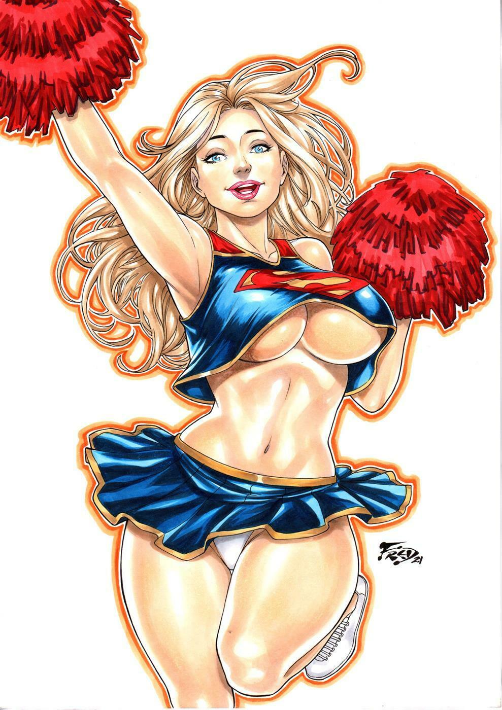 2d alternate_costume bare_shoulders blonde_hair blouse_lift blue_blouse blue_bottomwear blue_clothing blue_shirt blue_skirt blue_topwear bottomwear braless breasts cheerleader_outfit clothed clothing clothing_lift crossed_legs dc_comics ed_benes_studio female hair hi_res holding_pom_poms humanoid invalid_tag kara_zor-el long_hair midriff miniskirt no_bra_under_clothes panties pinup pleated_skirt pom_poms pose pubic_mound red_pom_poms shirt signature skirt skirt_lift solo supergirl superman_(series) topwear under_boob underwear white_clothing white_panties white_underwear wide_hips