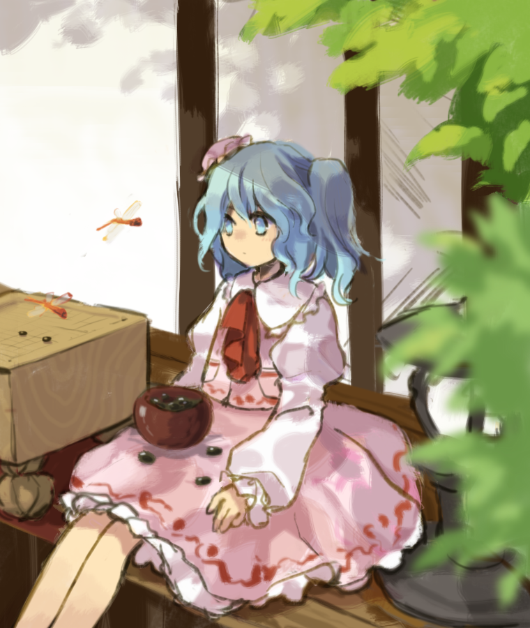 1girl ascot blue_eyes blue_hair board_game bun_cover bush closed_mouth frilled_shirt_collar frilled_skirt frilled_sleeves frills go_(board_game) hair_bun juliet_sleeves kaigen_1025 long_sleeves medium_hair pink_skirt pink_vest portrait_of_exotic_girls puffy_sleeves purple-haired_oekaki_girl_(touhou) red_ascot shirt side_ponytail single_hair_bun sitting skirt solo touhou vest white_shirt zun_(style)