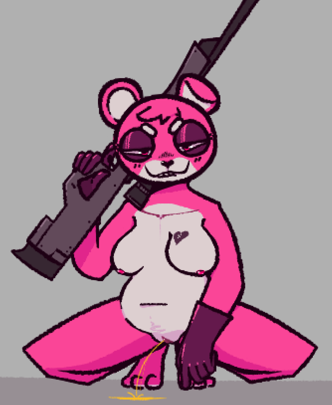 anthro bear blush bodily_fluids breasts casual_nudity crouching cuddle_team_leader digital_media_(artwork) epic_games female fortnite fur genital_fluids genitals gun hi_res holding_object holding_weapon looking_at_viewer mammal nipples nude peeing pink_body pink_fur pussy ranged_weapon smile smug solo teeth thick_thighs urine urine_stream watersports weapon wendigoop