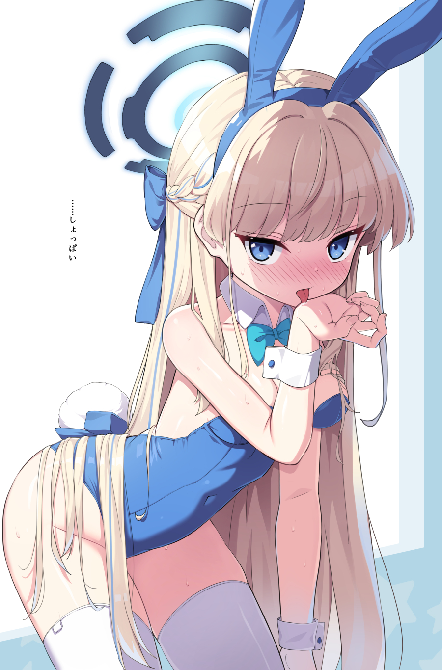 1girl animal_ears bare_shoulders bent_over blonde_hair blue_archive blue_bow blue_bowtie blue_eyes blue_hair blue_leotard blush bow bowtie braid breasts cleavage covered_navel cowboy_shot detached_collar dot_nose fake_animal_ears fake_tail french_braid groin halo highleg highleg_leotard highres isinose_(ilxodidli) legs_apart leotard licking licking_hand long_bangs looking_at_viewer multicolored_hair nose_blush playboy_bunny rabbit_ears rabbit_tail raised_eyebrows smile solo straight_hair strapless strapless_leotard streaked_hair tail thick_thighs thighhighs thighs toki_(blue_archive) toki_(bunny)_(blue_archive) traditional_bowtie two-tone_hair white_thighhighs white_wrist_cuffs wide_hips